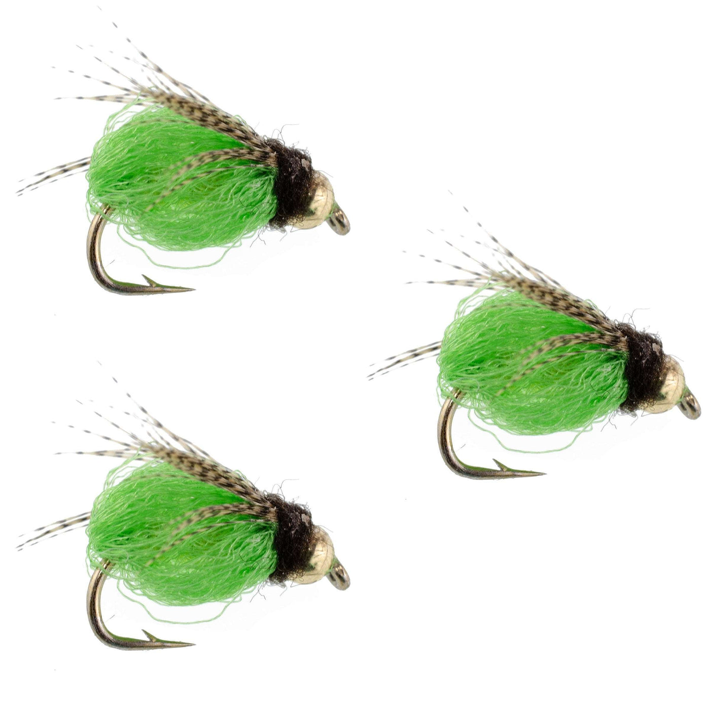 3 Pack Bead Head LaFontaine Bright Green Deep Sparkle Caddis Pupa - Hook Size 12