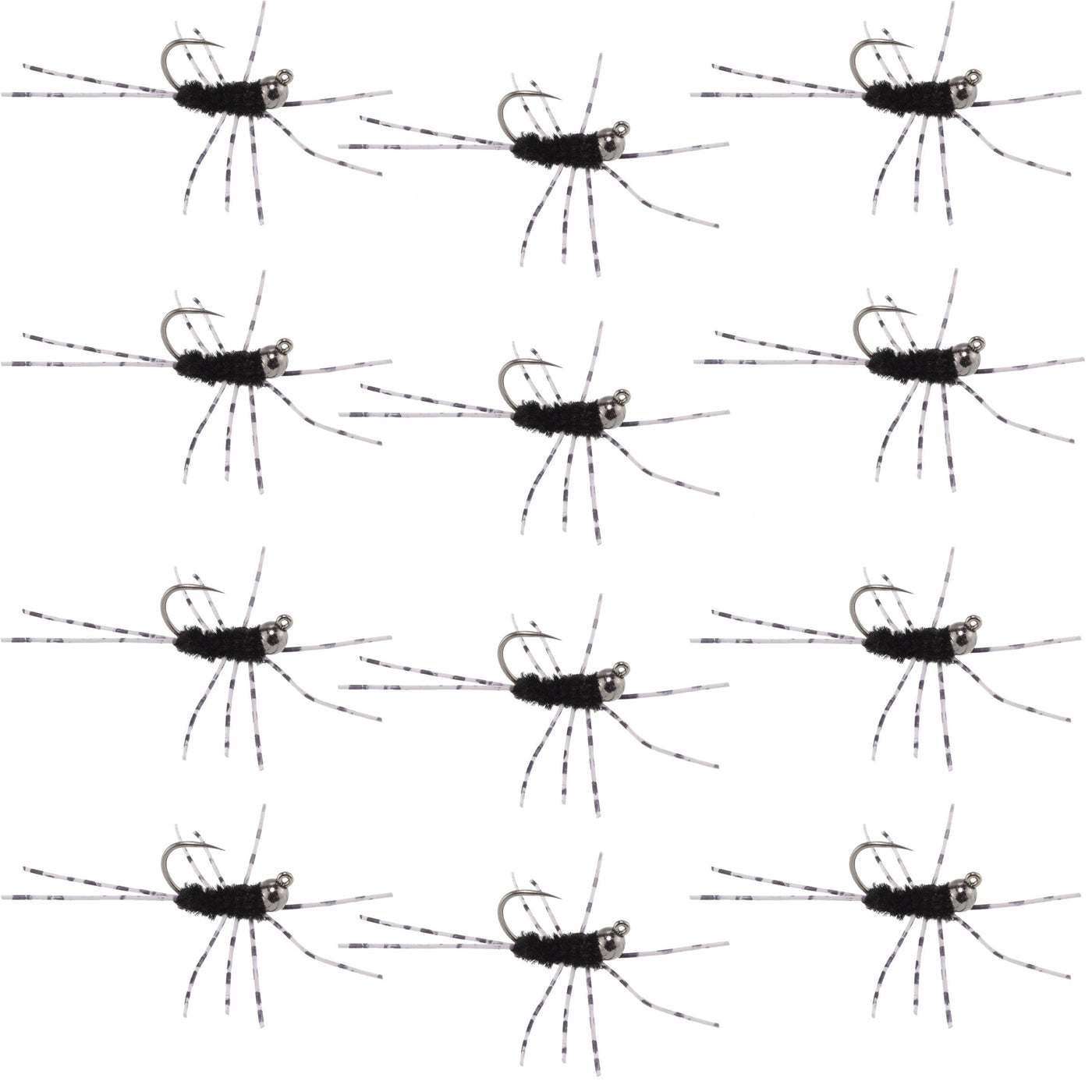 Barbless Pats Rubber Legs Tungsten Jig Black Euro Nymph 12 Flies #6