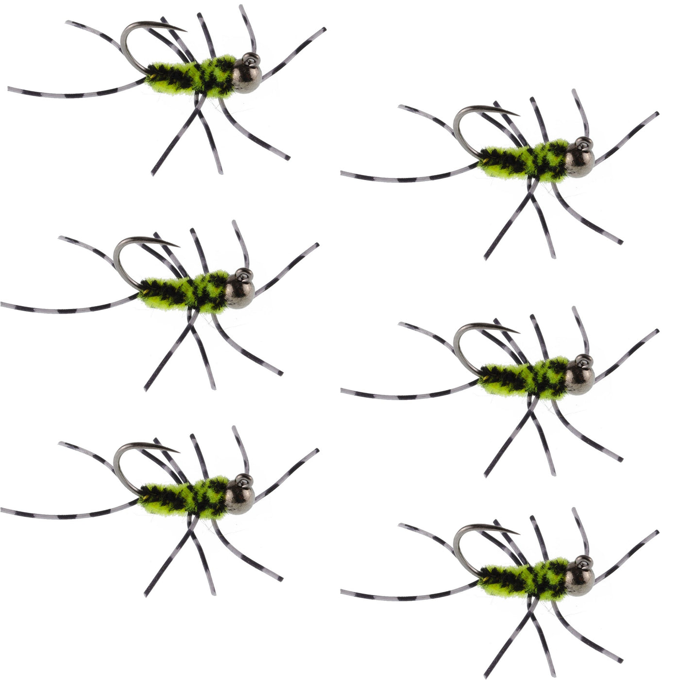 Barbless Pat's Rubber Legs Tungsten Black/Chartreuse Euro Nymph 6 Flies #6