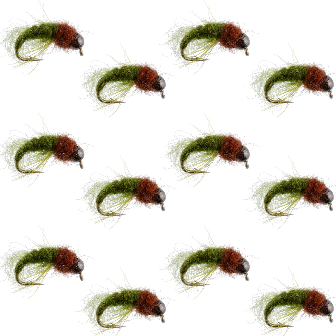 Bead Head Olive Brown Caddis Larva Nymph 12 Flies - Hook Size 16