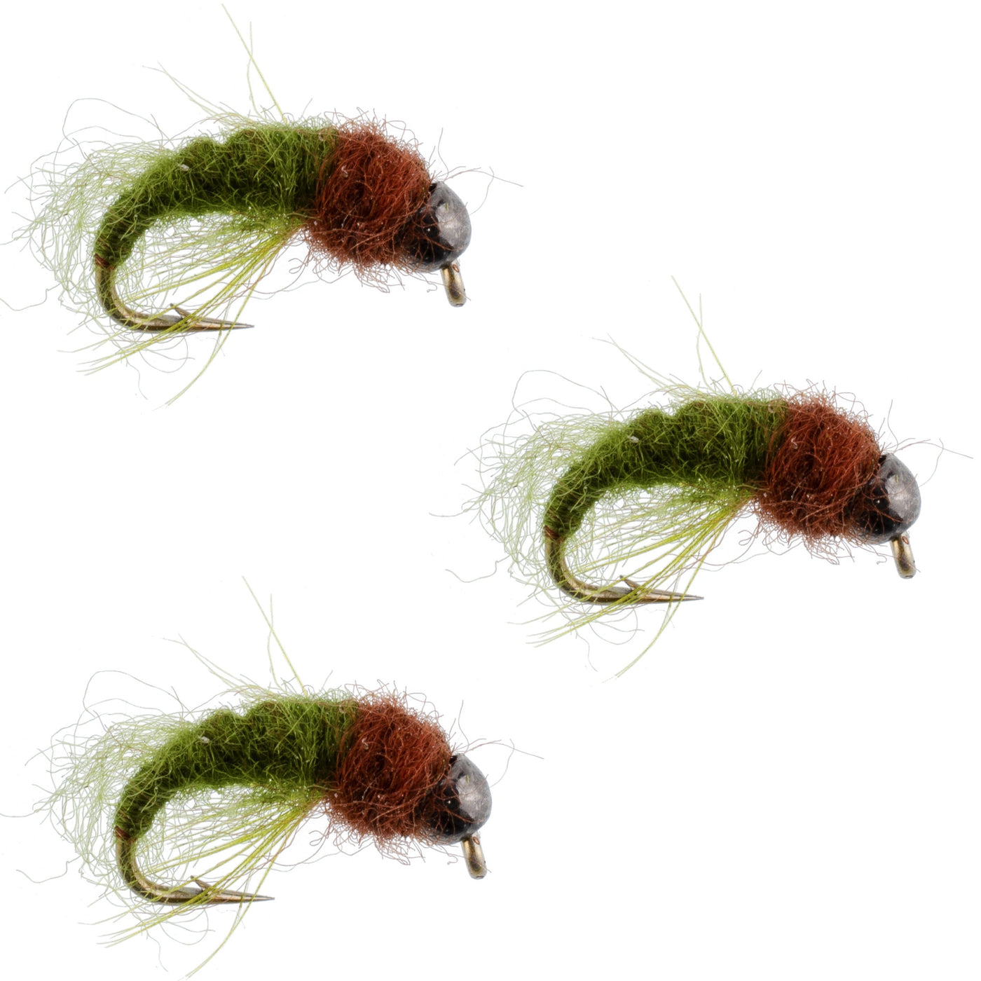 3 Pack Bead Head Olive Brown Caddis Larva Nymph Hook Size 14