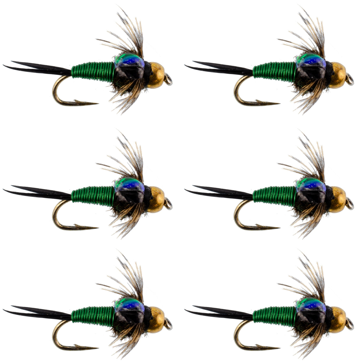 Bead Head Green Copper John Nymph Fly Fishing Flies - Set of 6 Flies Hook Size 14