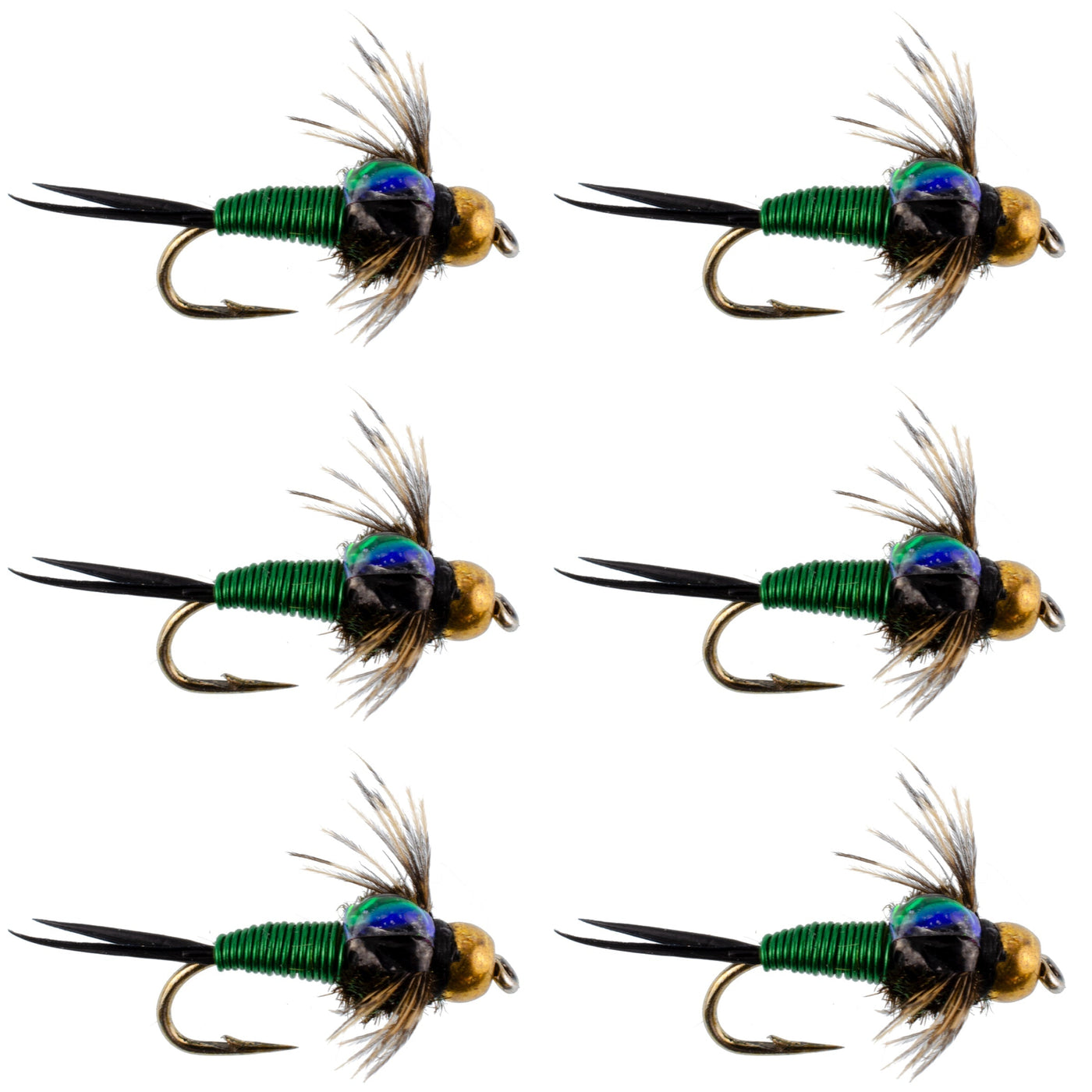 Bead Head Green Copper John Nymph Fly Fishing Flies - Set of 6 Flies Hook Size 18