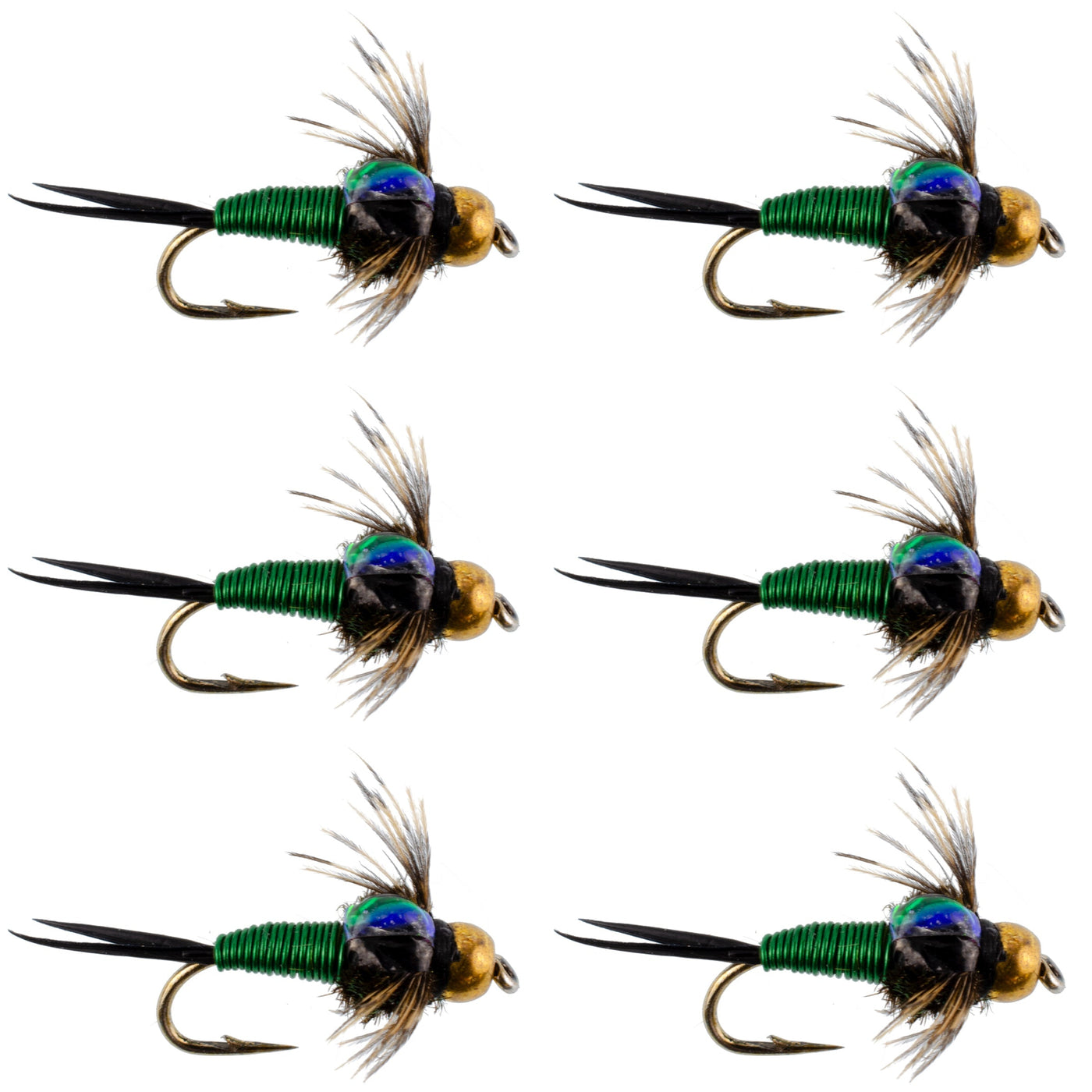 Bead Head Green Copper John Nymph Fly Fishing Flies - Set of 6 Flies Hook Size 16