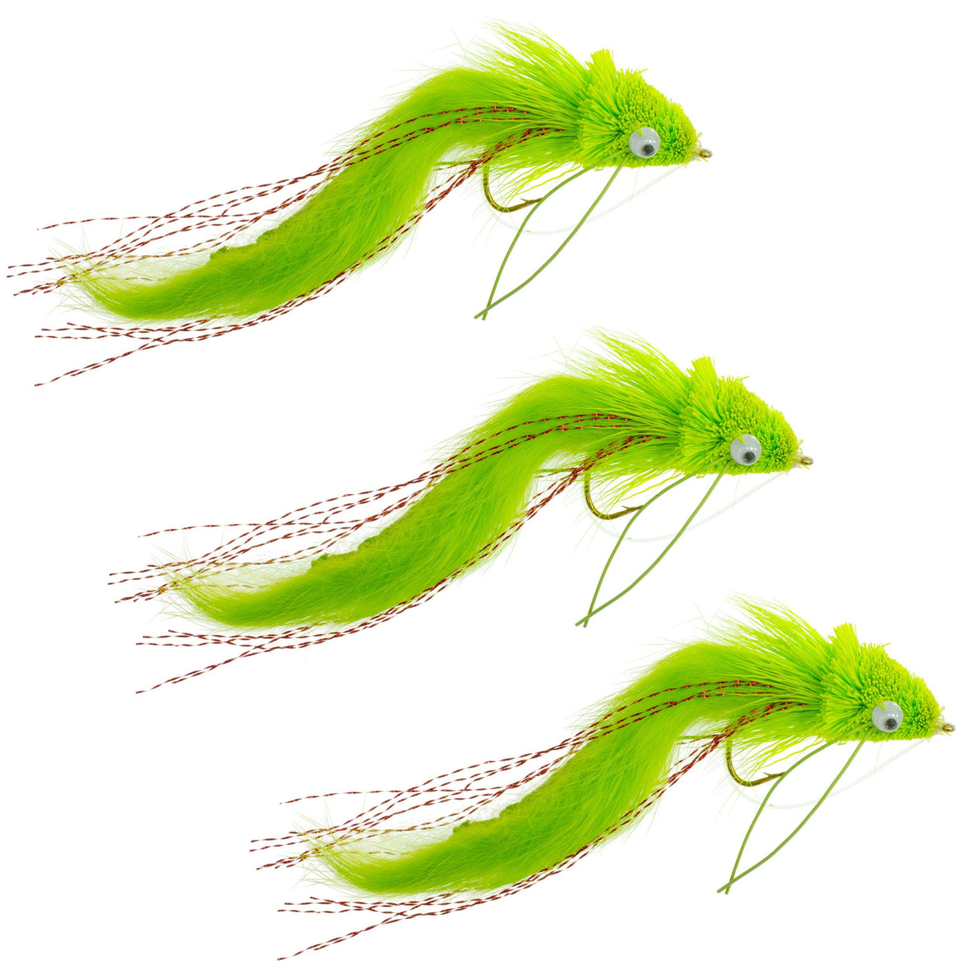 3 Pack Chartreuse Bunny Deer Hair Diver Size 4 Bass Bug With Weed Guard