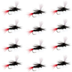 Barbless Parachute Black Gnat Red Tail Dry Fly - 12 Flies - Size 12