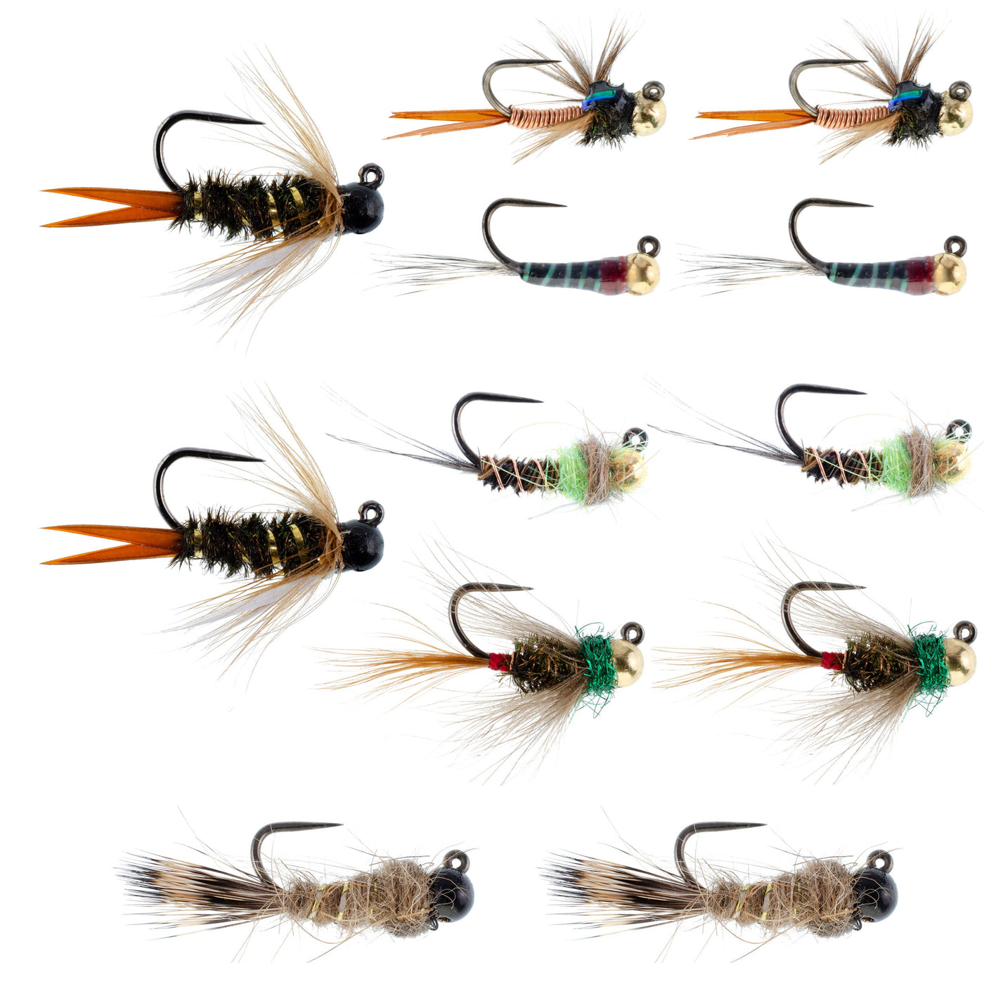Tactical Euro Nymph Collection - 12 Tungsten Bead Flies  -  Sizes 12, 14, 16