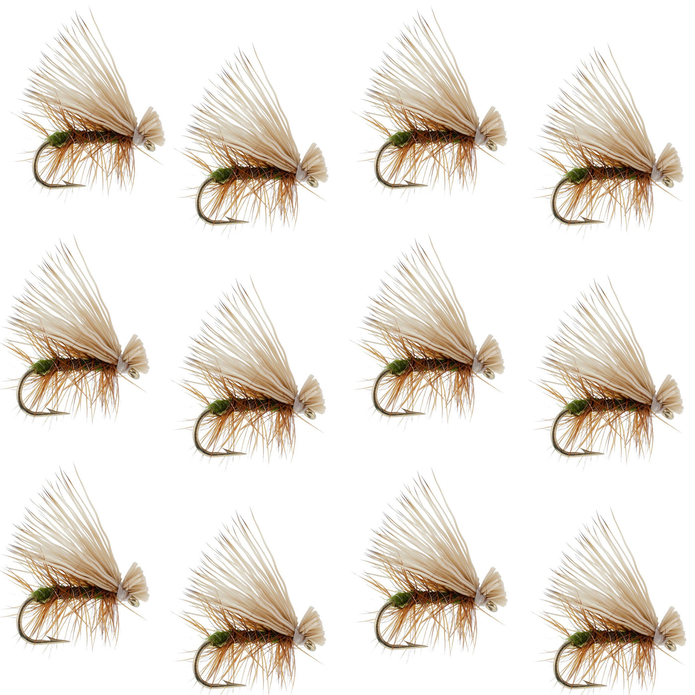 Olive Elk Hair Caddis Classic Trout Dry Fly - Set of 12 Flies Size 16