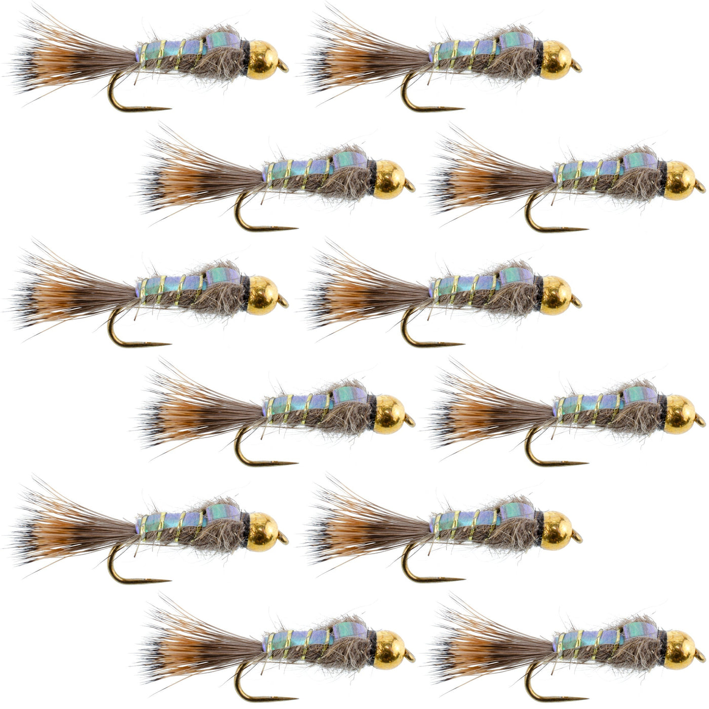 Barbless Bead Head Flash Back Gold Ribbed Hare's Ear Nymph 1 Dozen Flies Hook Size 12