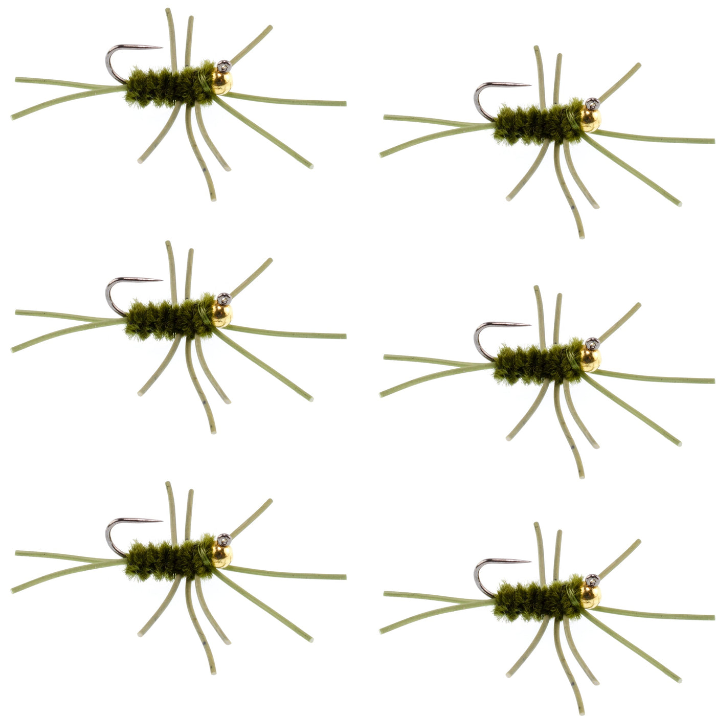 Barbless Pat's Rubber Legs Tungsten Bead Jigged Dark Olive Euro Nymph  - Set of 6 Flies Hook Size 10