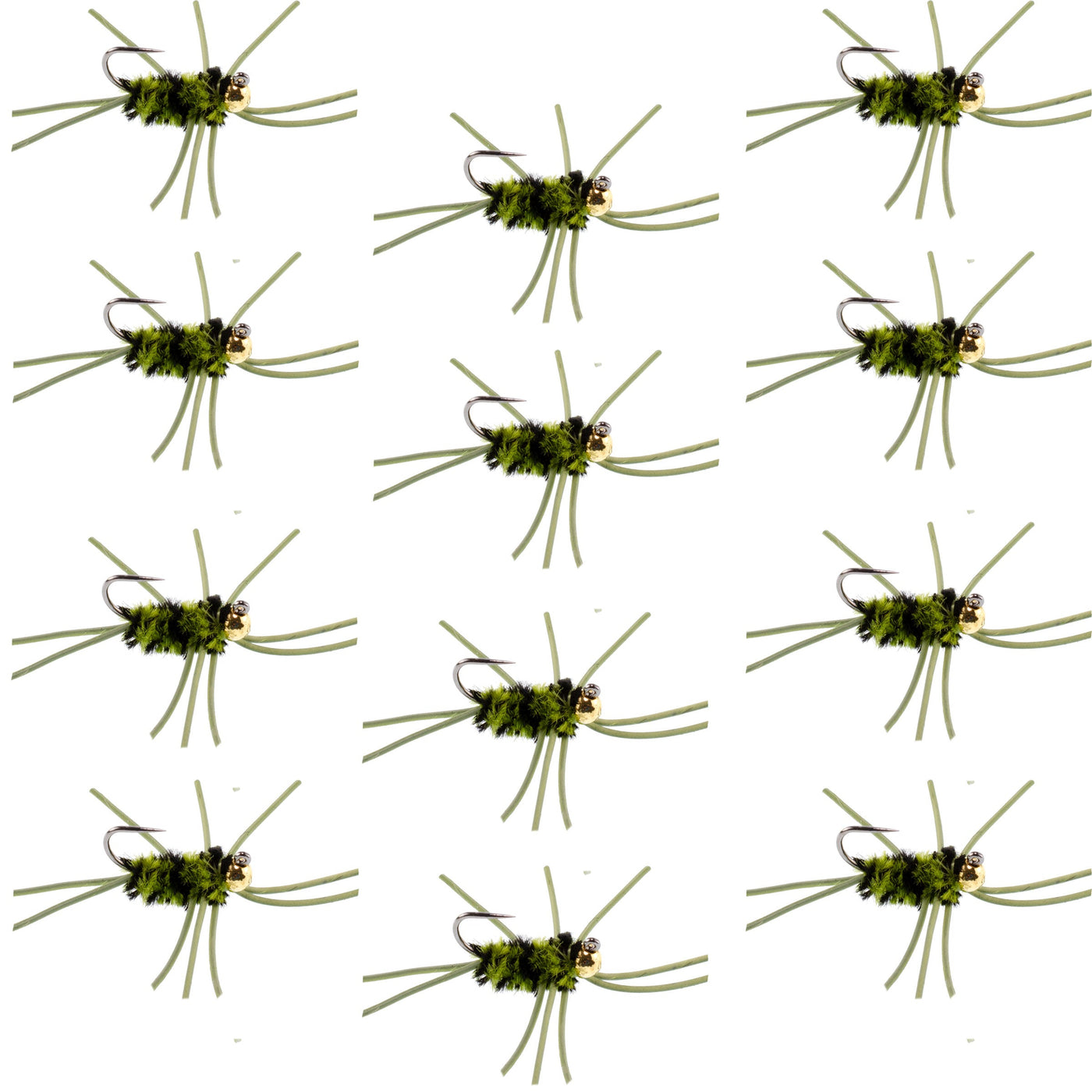 Pat's Rubber Legs Tungsten Jig Black/Olive Euro Nymph 12 Flies Size 10