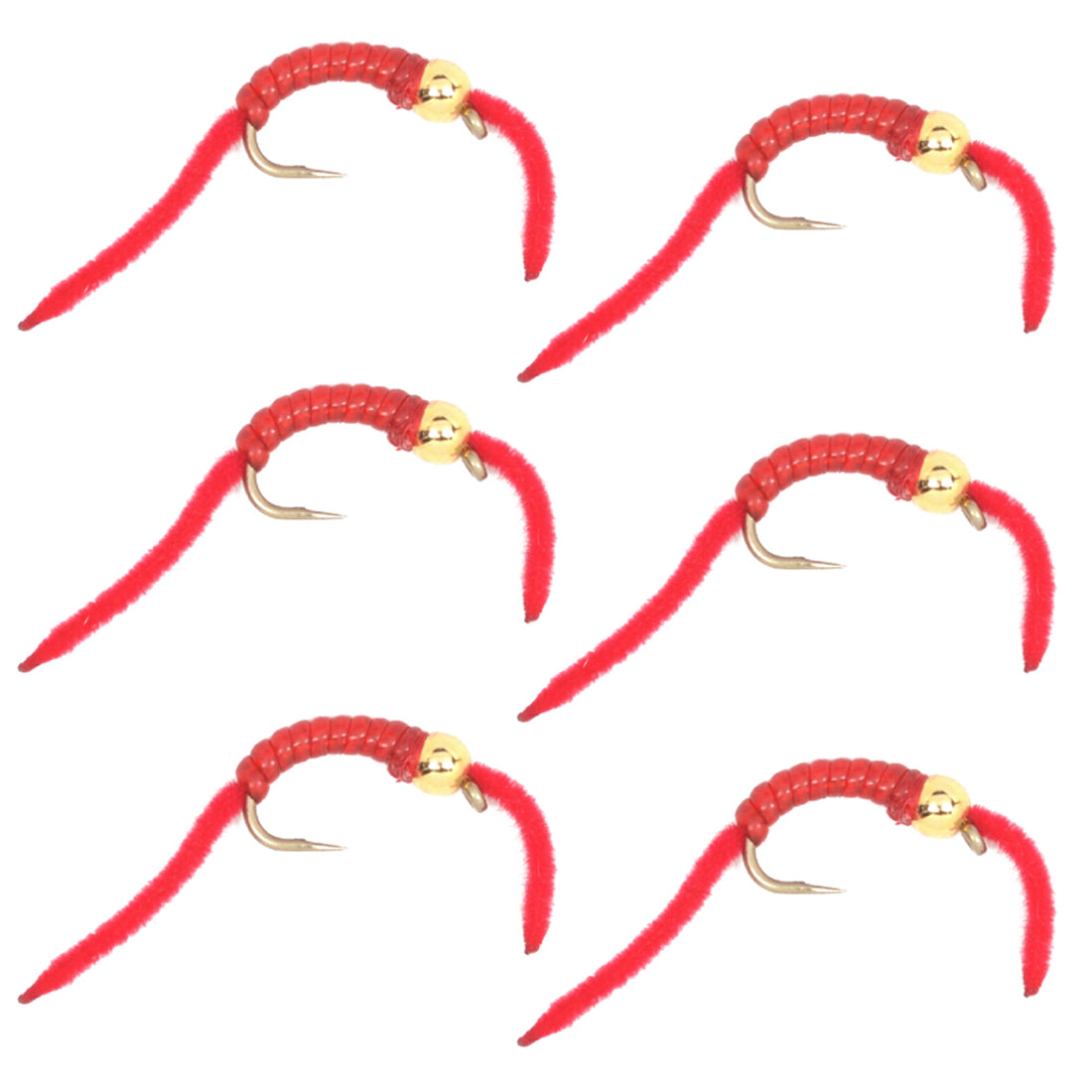 San Juan Worm Gold Bead Power Worm Red V Rib Set of 6 Nymph Flies