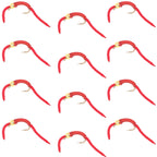 San Juan Worm Bead Head Power Worm Red V-Rib - 1 Dozen Nymph Flies Hook Size 14