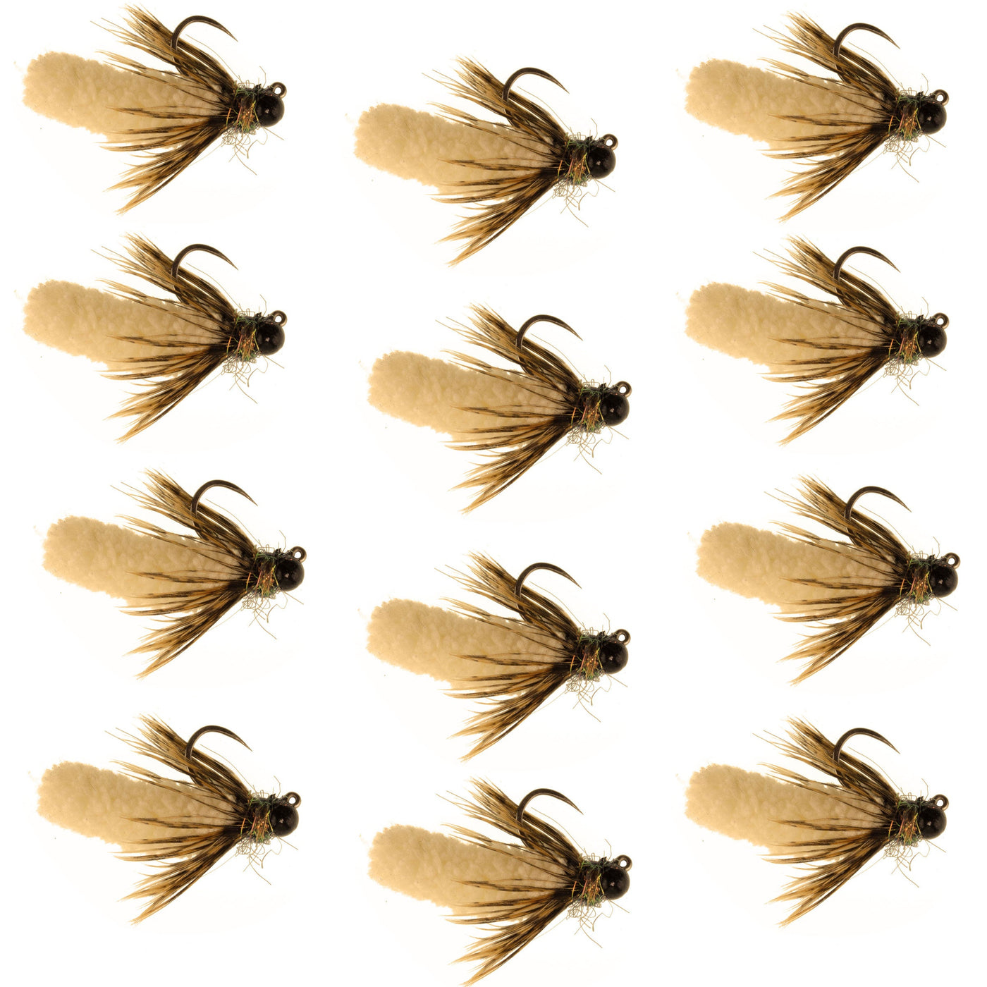 Tungsten Bead Tan Mop Fly Tactical Euro Nymph Barbless 12 Flies - Size 14