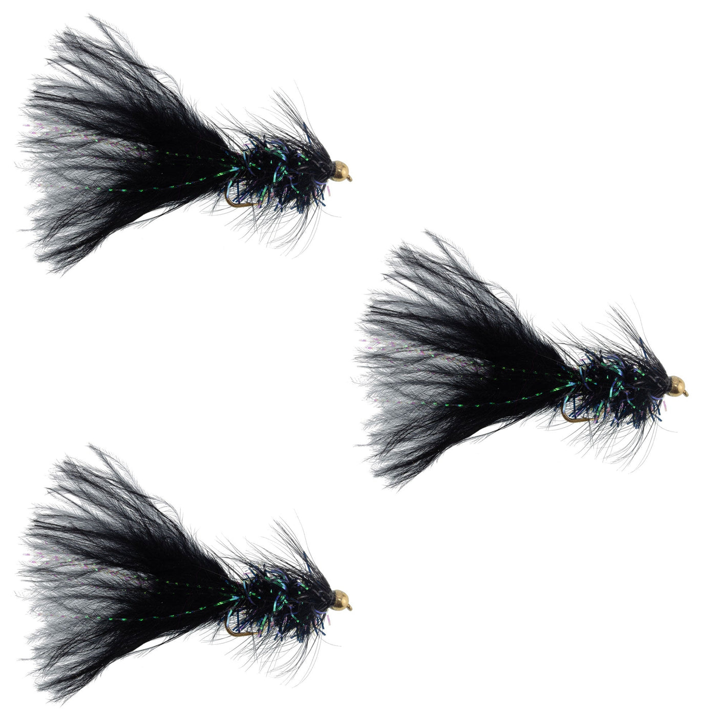 3 Pack Black Bead Head Crystal Woolly Bugger Streamer Flies Size 4