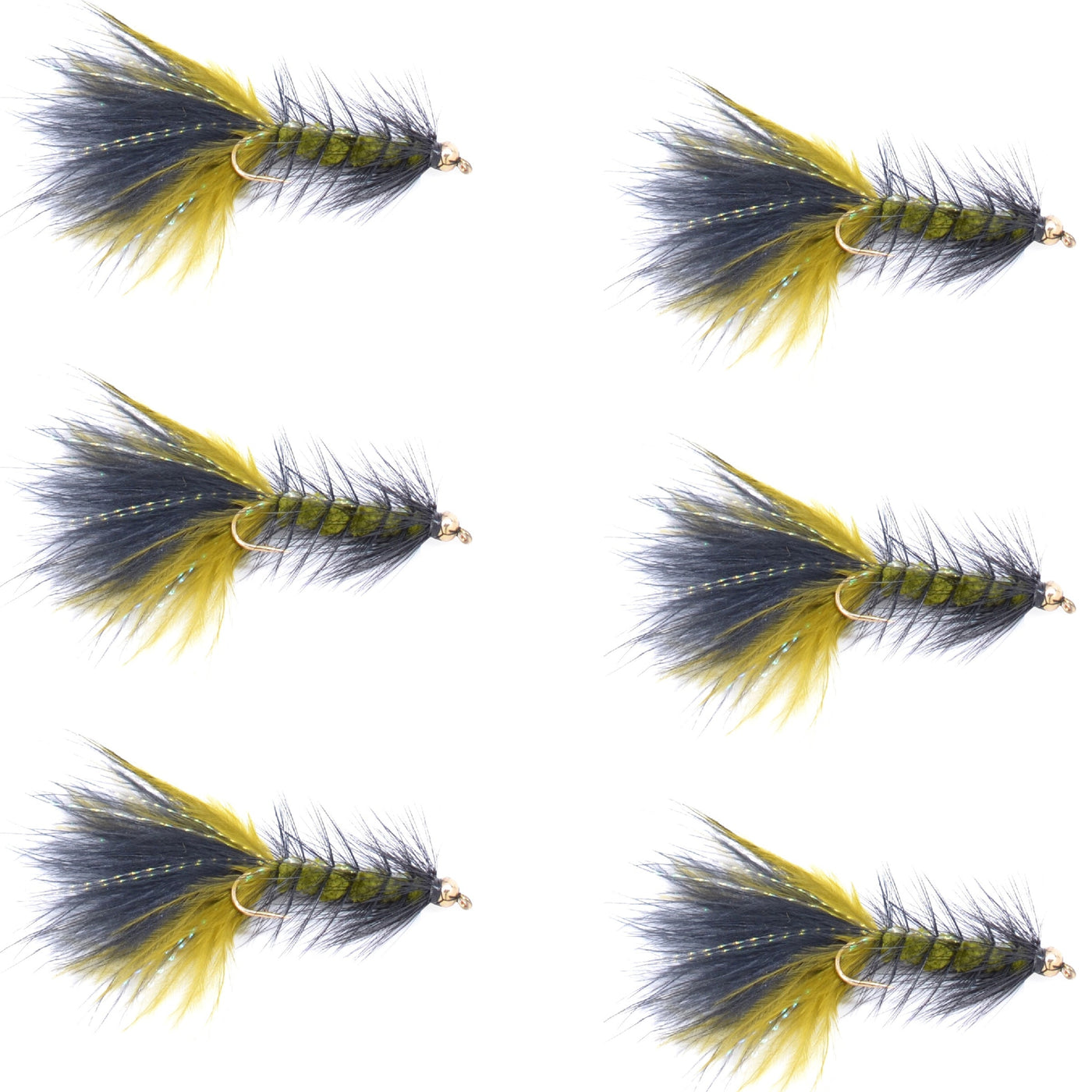 Olive Black Bead Head Crystal Woolly Bugger Streamer - 6 Flies - Size 8