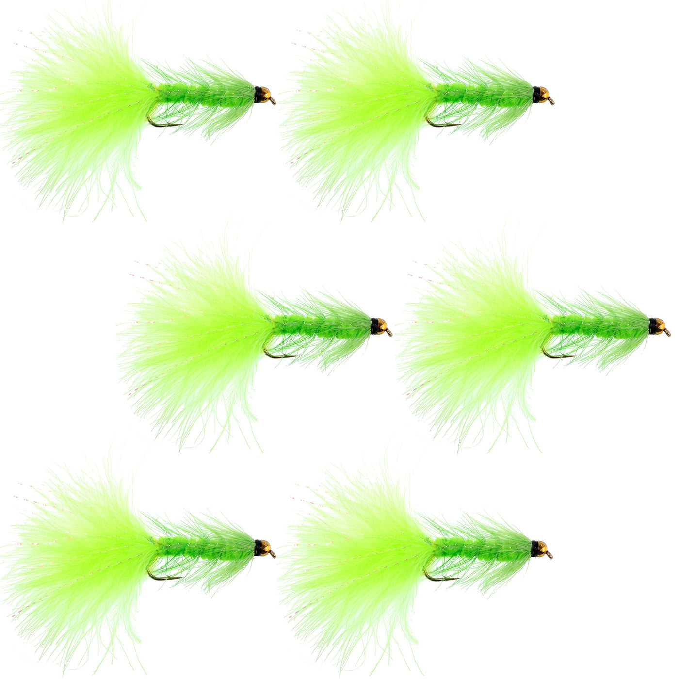 Chartreuse Bead Head Crystal Woolly Bugger Streamer Flies - 6 Flies - Size 8