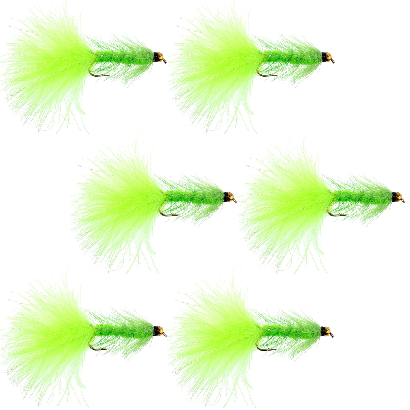 Chartreuse Bead Head Crystal Woolly Bugger Streamer - 6 Flies - Size 4