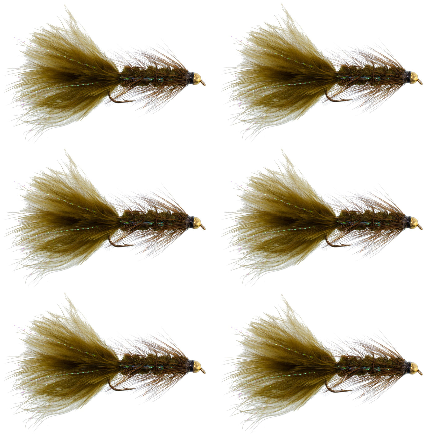 Dark Olive Bead Head Crystal Woolly Bugger Streamer - 6 Flies - Size 8