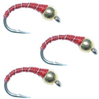 3 Pack Bead Head Red Zebra Midge Still Water Nymph Fly Fishing Fly Hook Size 14