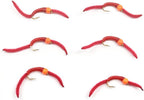 San Juan Worm Hot Orange Bead Power Worm Red V Rib Set of 6 Nymph Flies